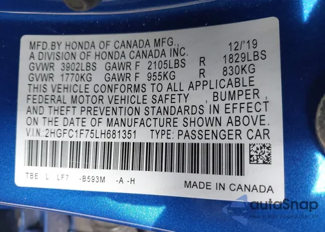 2020 Honda Civic Ex-L from USA, damaged, VIN 2HGFC1F75LH681351